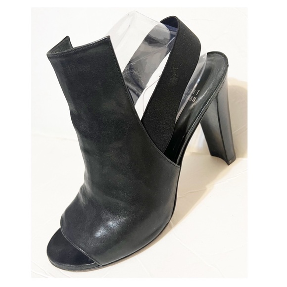 Stuart Weitzman Black Open Peep Toe Leather High Heel Block Bootie Size 9.5 - Picture 4 of 8